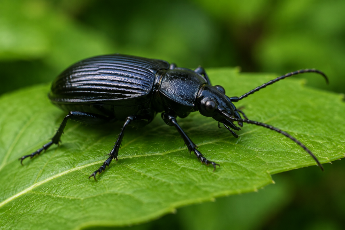 Black beetle resting on a leaf