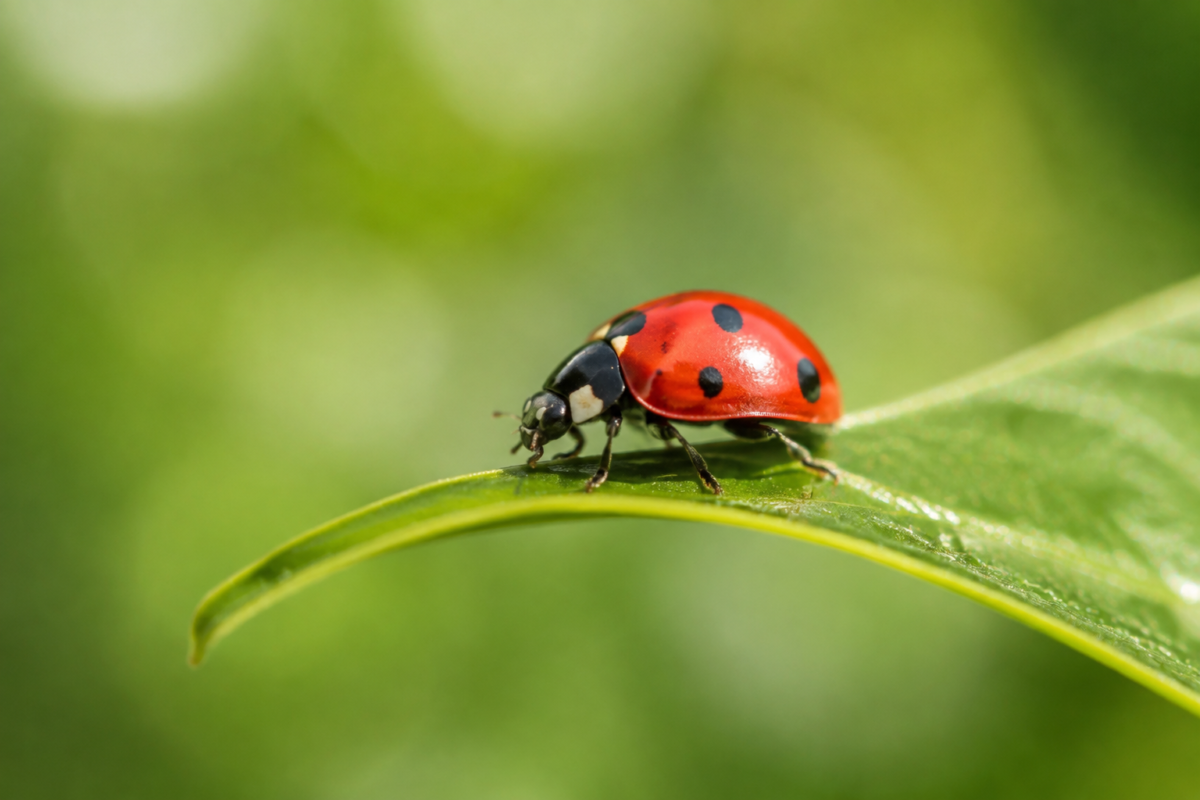 Ladybug walking along a green leaf