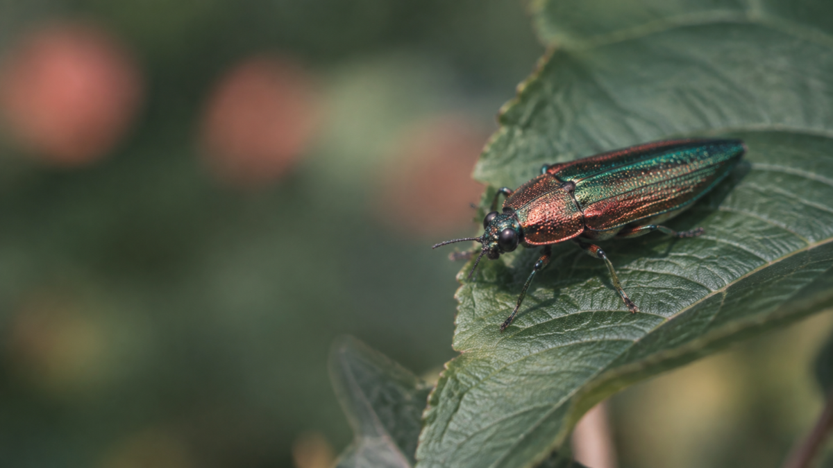 Iridescent beetle resting on a leaf